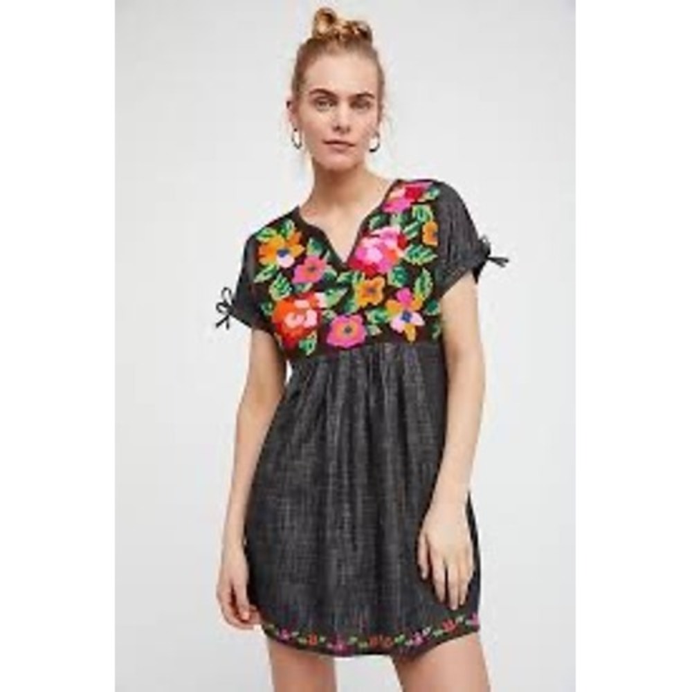 Free People Oaxaca Chambray Embroidered Dress Dark Wash Floral Boho Mini Small